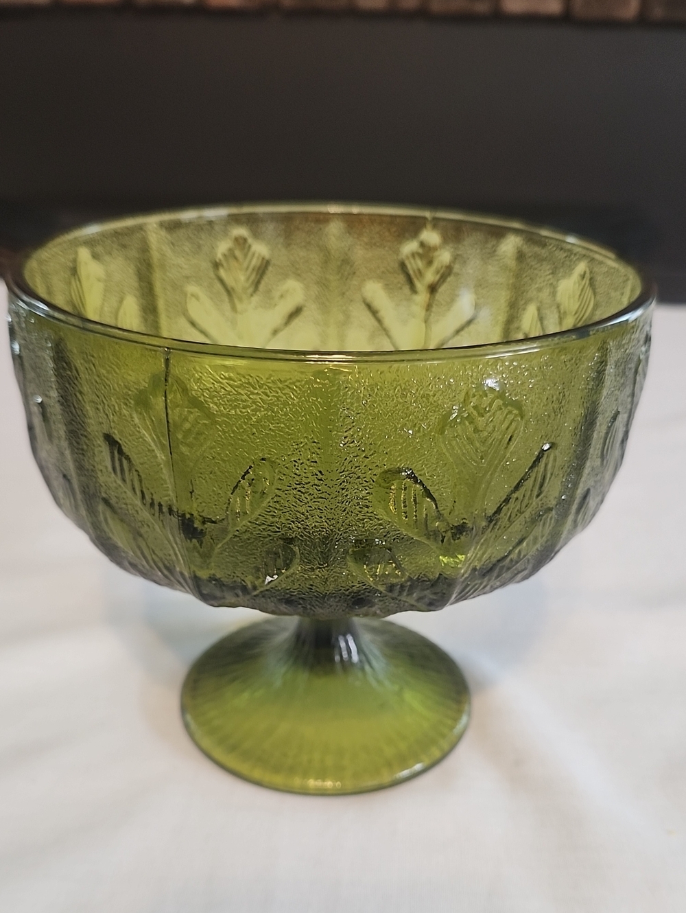 Vintage Avacado Green Glass Pedestal Compote Bowl Embossed Oak Leaf Design 1975